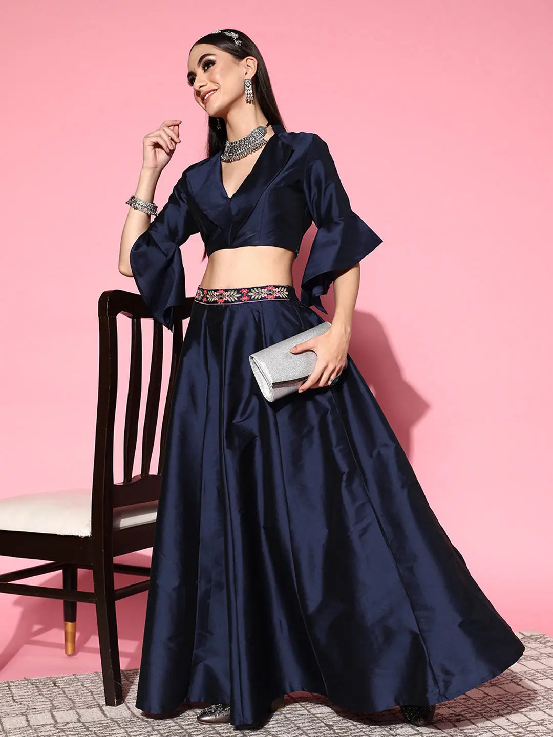 Navy Notched Crop Top Anarkali Skirt | Women's Lehenga Choli
