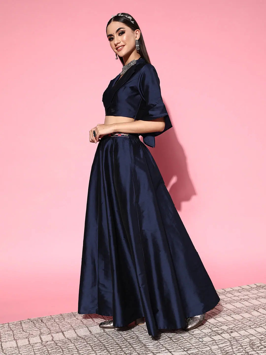 Navy Notched Crop Top Anarkali Skirt | Women's Lehenga Choli