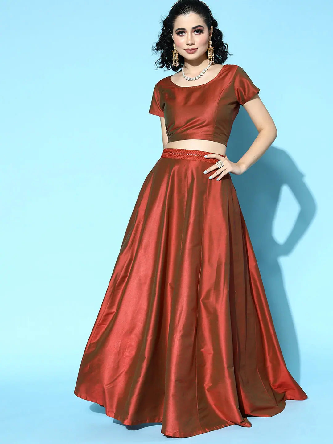 Rust Mirror Emb Crop Top Anarkali Skirt | Women's Lehenga