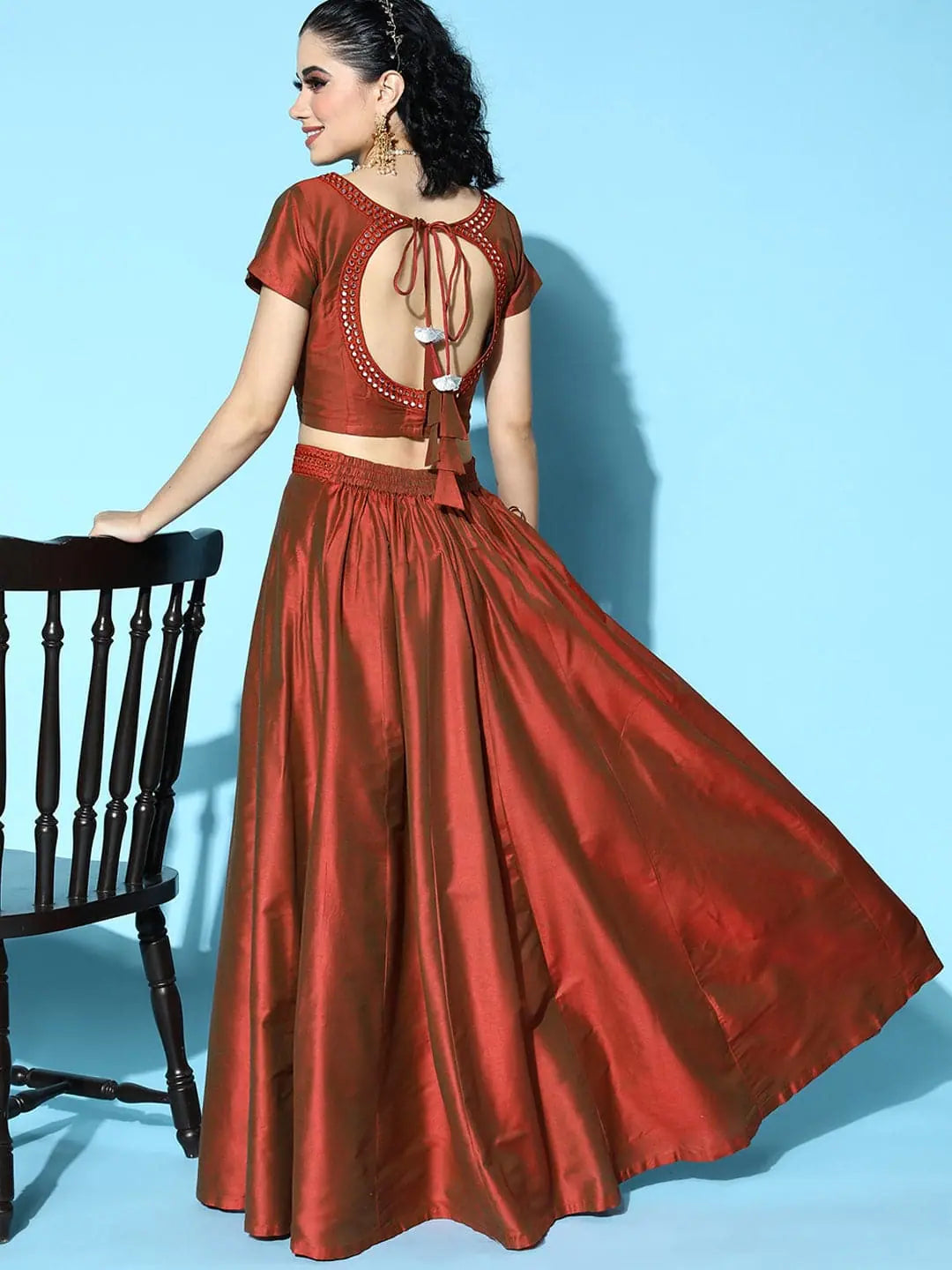 Rust Mirror Emb Crop Top Anarkali Skirt | Women's Lehenga