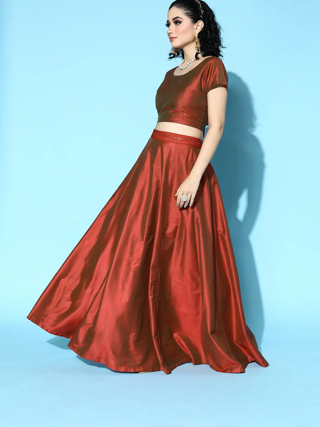 Rust Mirror Emb Crop Top Anarkali Skirt | Women's Lehenga