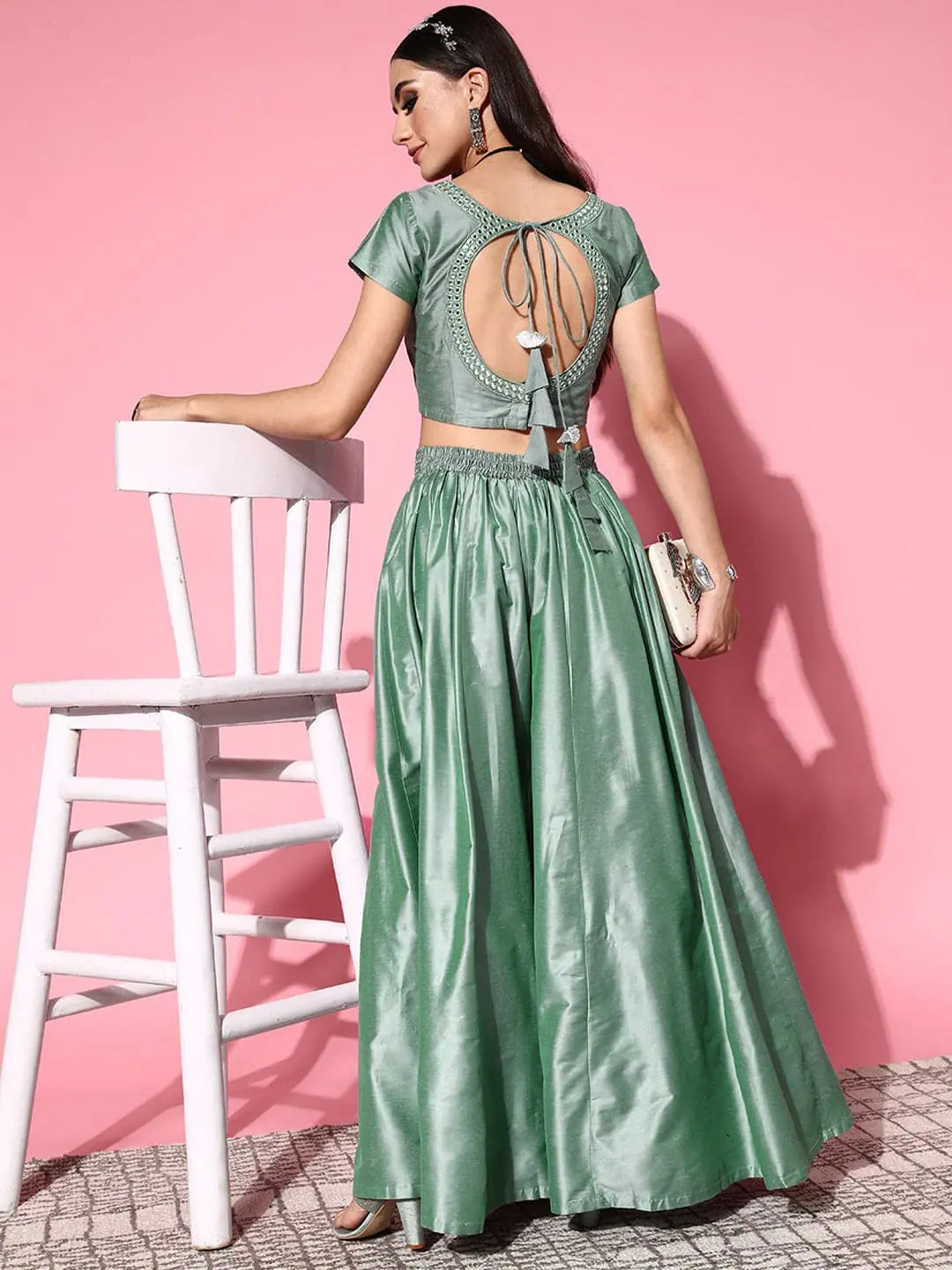 Green Mirror Work Crop Top Anarkali Skirt | Women's Lehenga