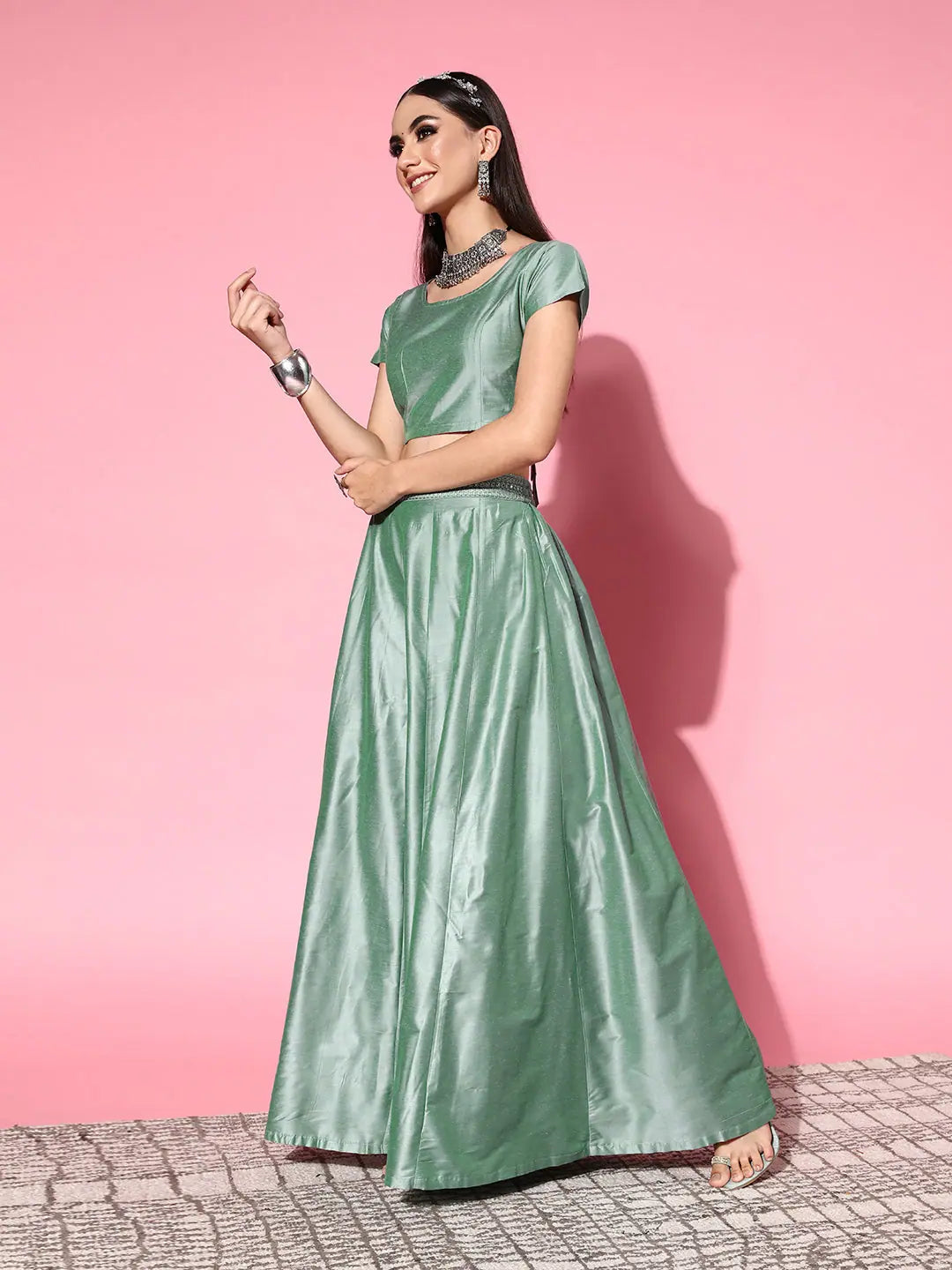 Green Mirror Work Crop Top Anarkali Skirt | Women's Lehenga