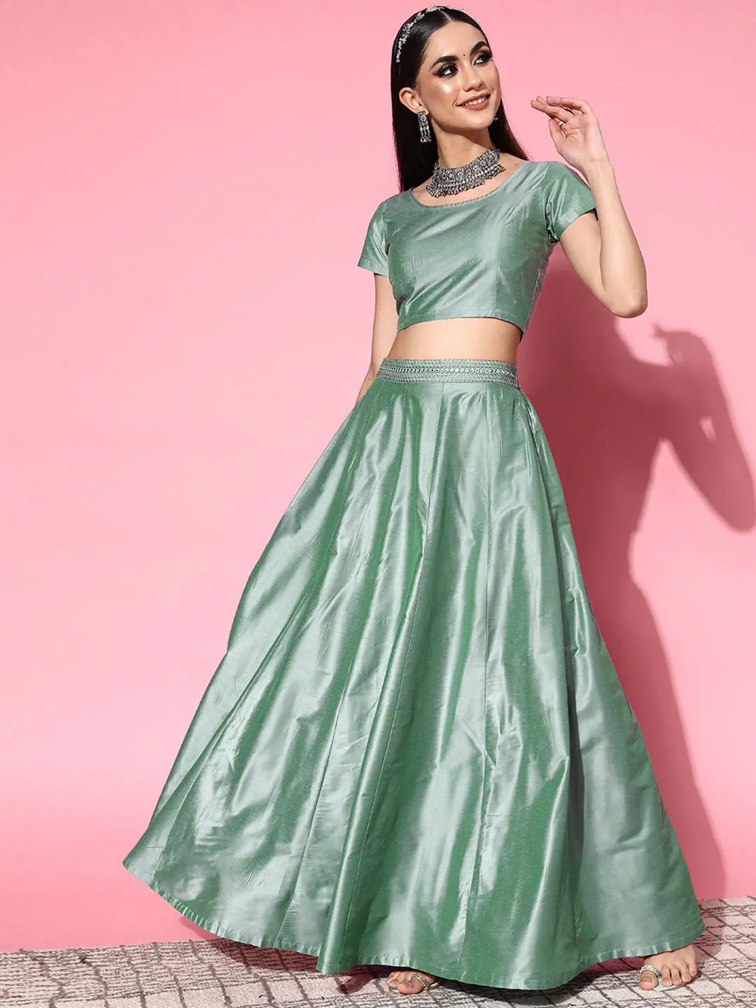 Green Mirror Work Crop Top Anarkali Skirt | Women's Lehenga
