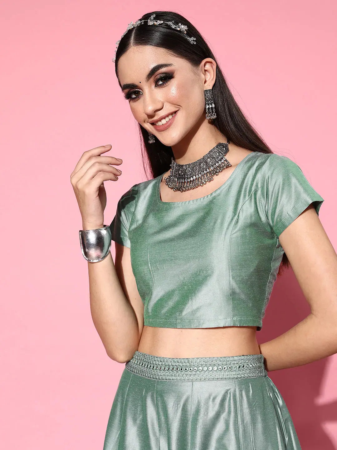 Green Mirror Work Crop Top Anarkali Skirt | Women's Lehenga