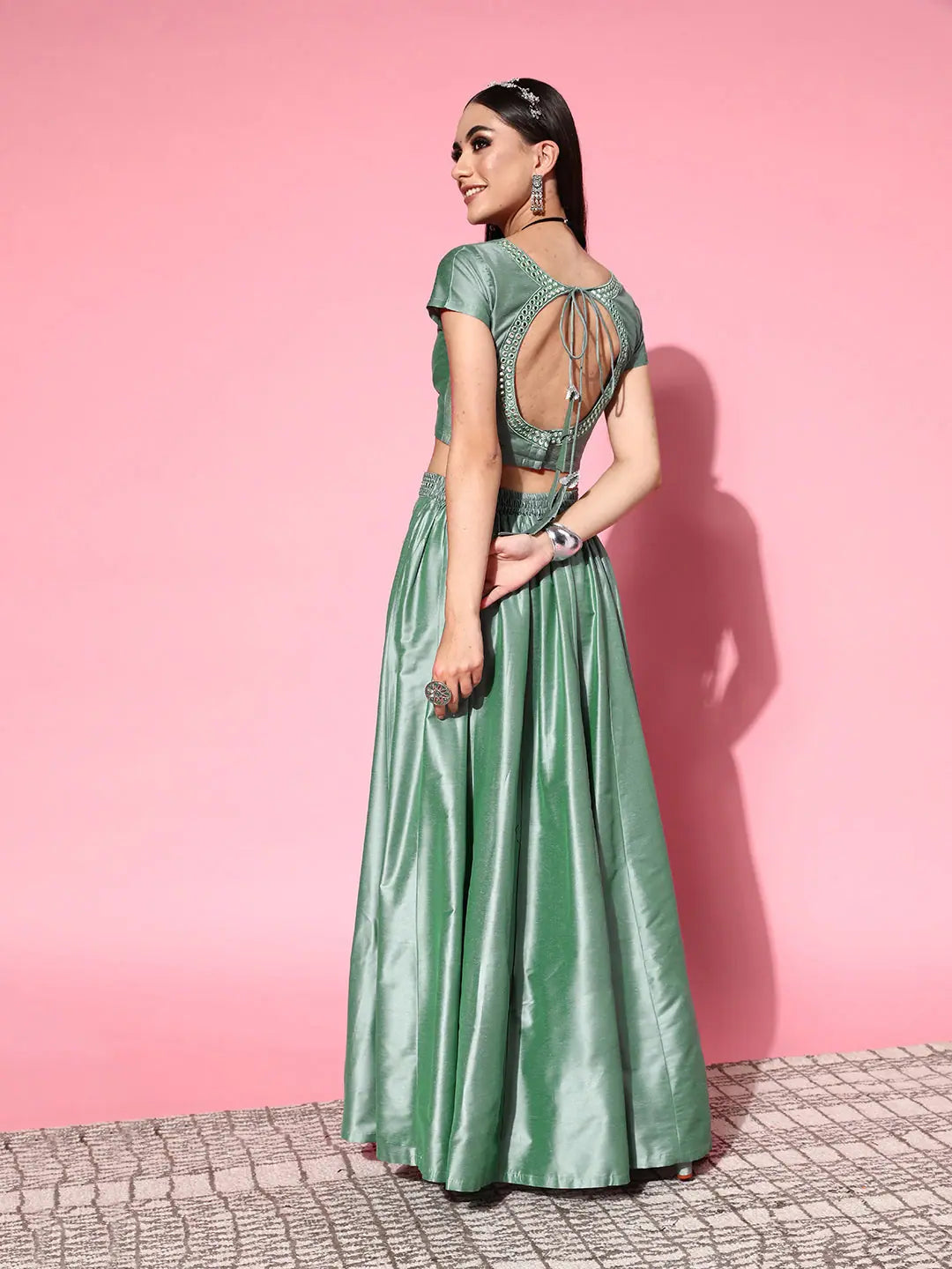 Green Mirror Work Crop Top Anarkali Skirt | Women's Lehenga
