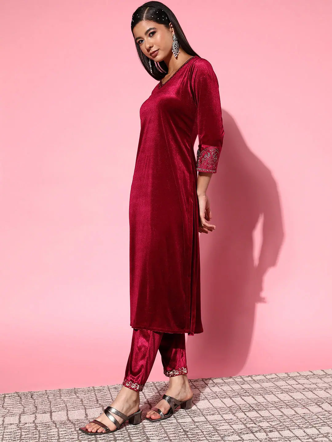 Maroon Velvet Embroidered Kurta Set | Designer Indian Kurta Sets