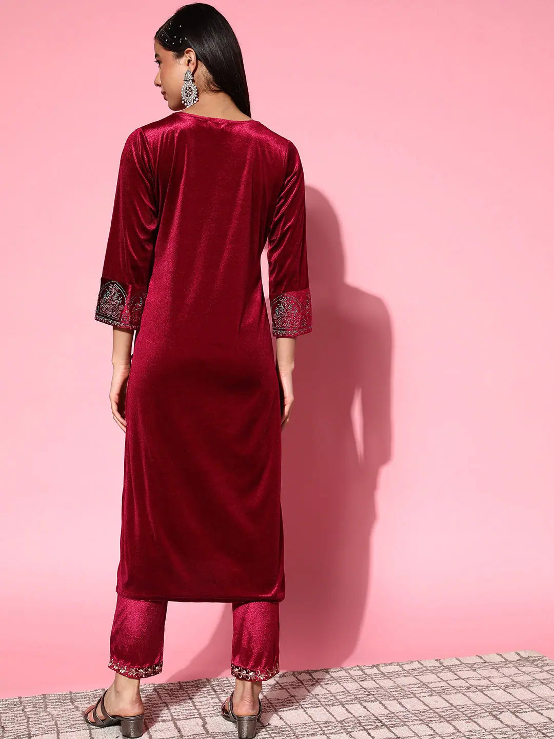 Maroon Velvet Embroidered Kurta Set | Designer Indian Kurta Sets