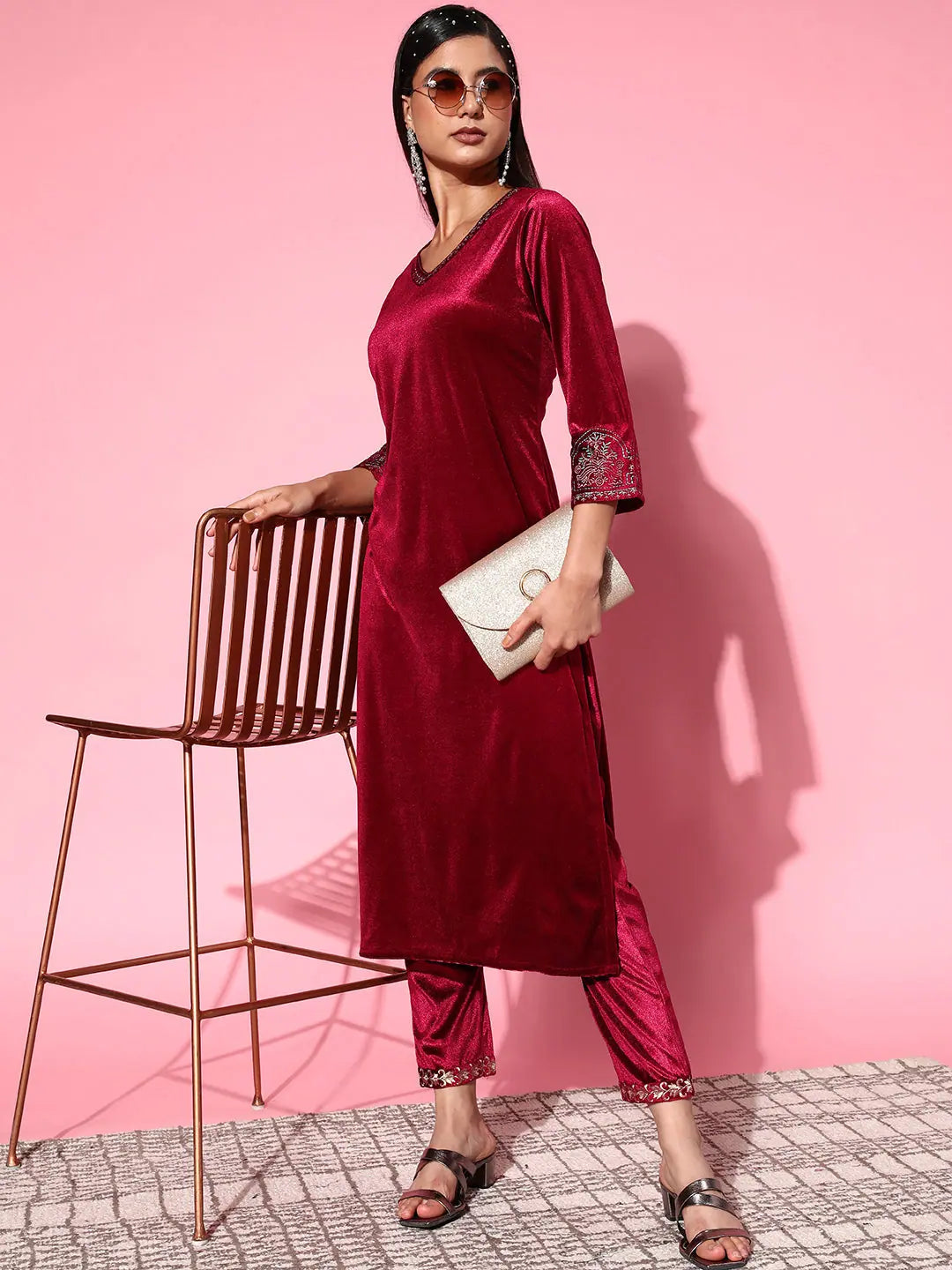 Maroon Velvet Embroidered Kurta Set | Designer Indian Kurta Sets