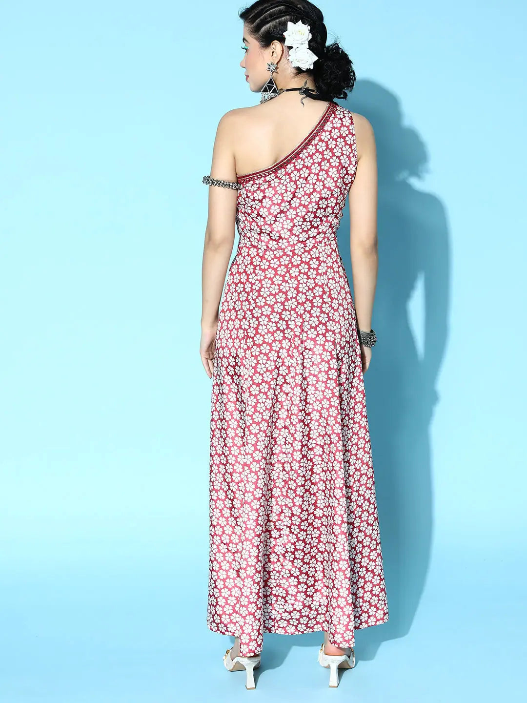 Rust Floral One Shoulder Anarkali Dress | Designer Anarkali Gown