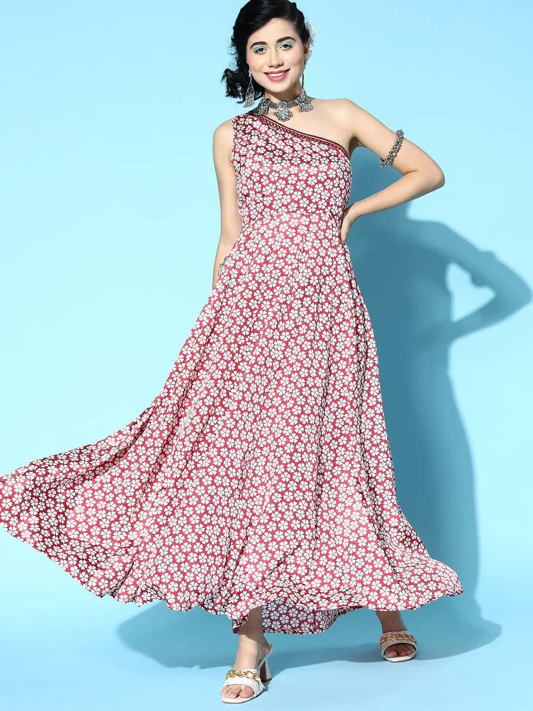 Rust Floral One Shoulder Anarkali Dress | Designer Anarkali Gown