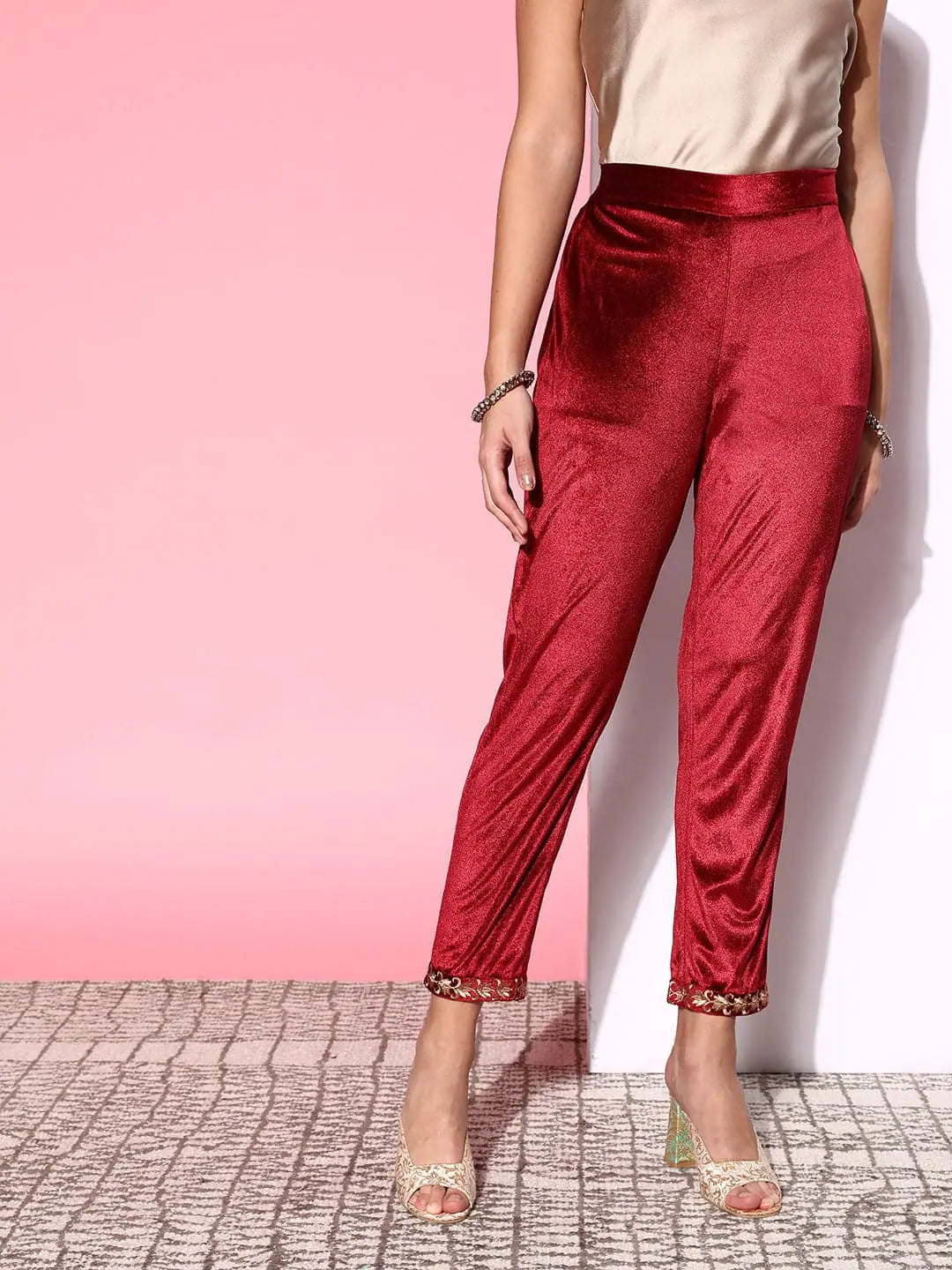 Maroon Velvet Pencil Pants - Designer Ethnic Pants for Women