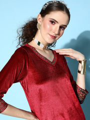 Women Maroon Velvet Embroidered Straight Kurta