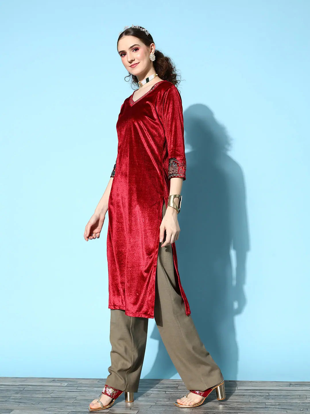 Maroon Velvet Embroidered Kurta: Indian Kurta Ladies Fashion
