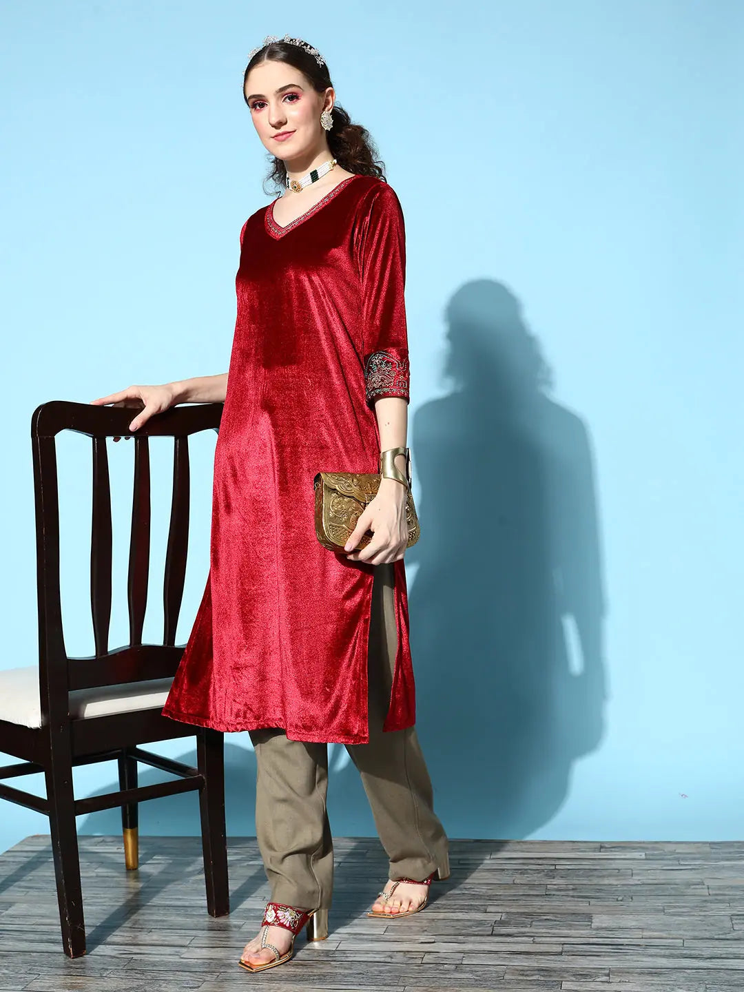 Maroon Velvet Embroidered Kurta: Indian Kurta Ladies Fashion