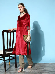 Women Maroon Velvet Embroidered Straight Kurta