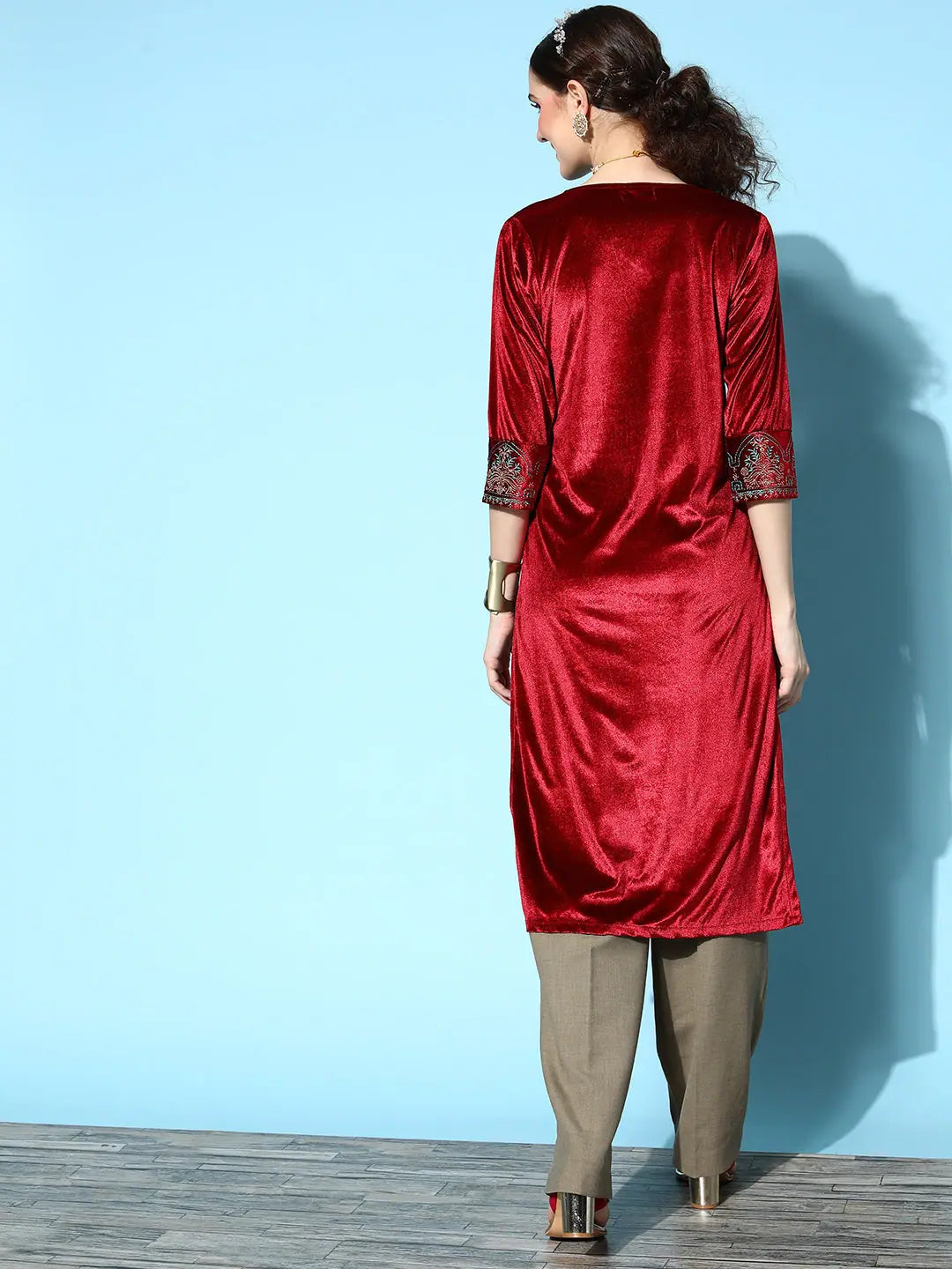 Maroon Velvet Embroidered Kurta: Indian Kurta Ladies Fashion