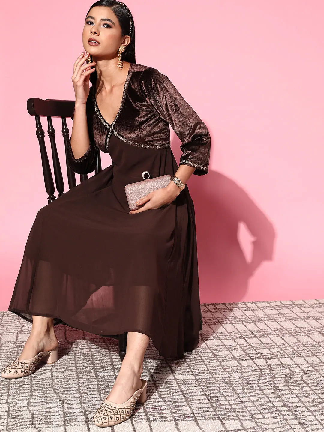 Brown Velvet Indian Dresses Online - Zari Embroidered