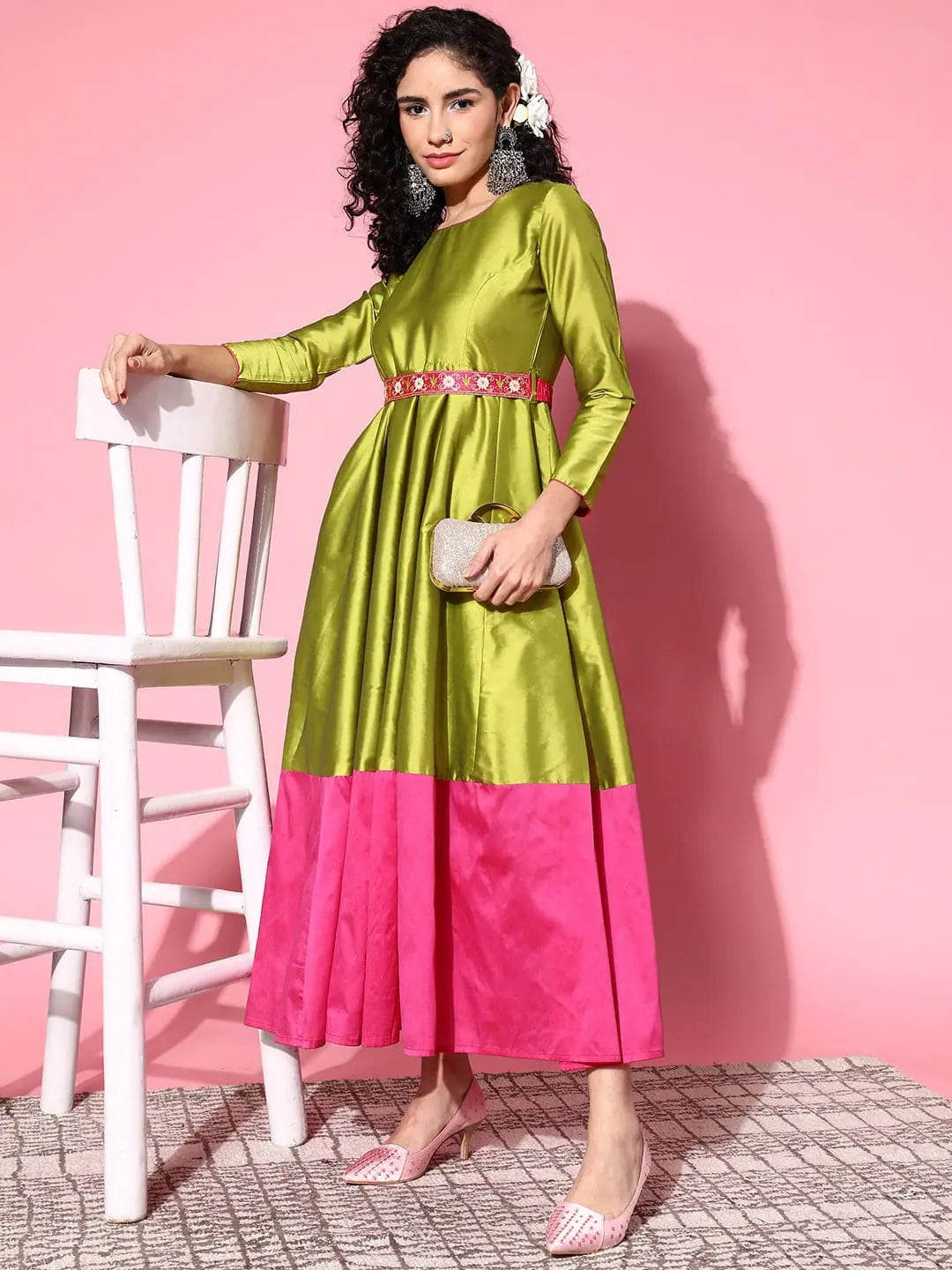Green Contrast Border Anarkali Maxi Dress | Anarkali Suits
