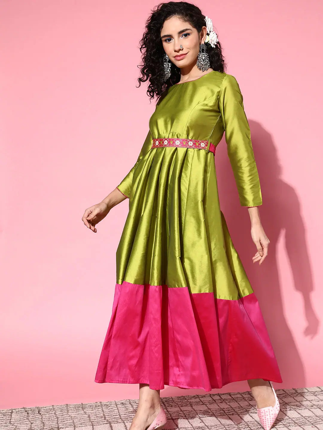 Green Contrast Border Anarkali Maxi Dress | Anarkali Suits