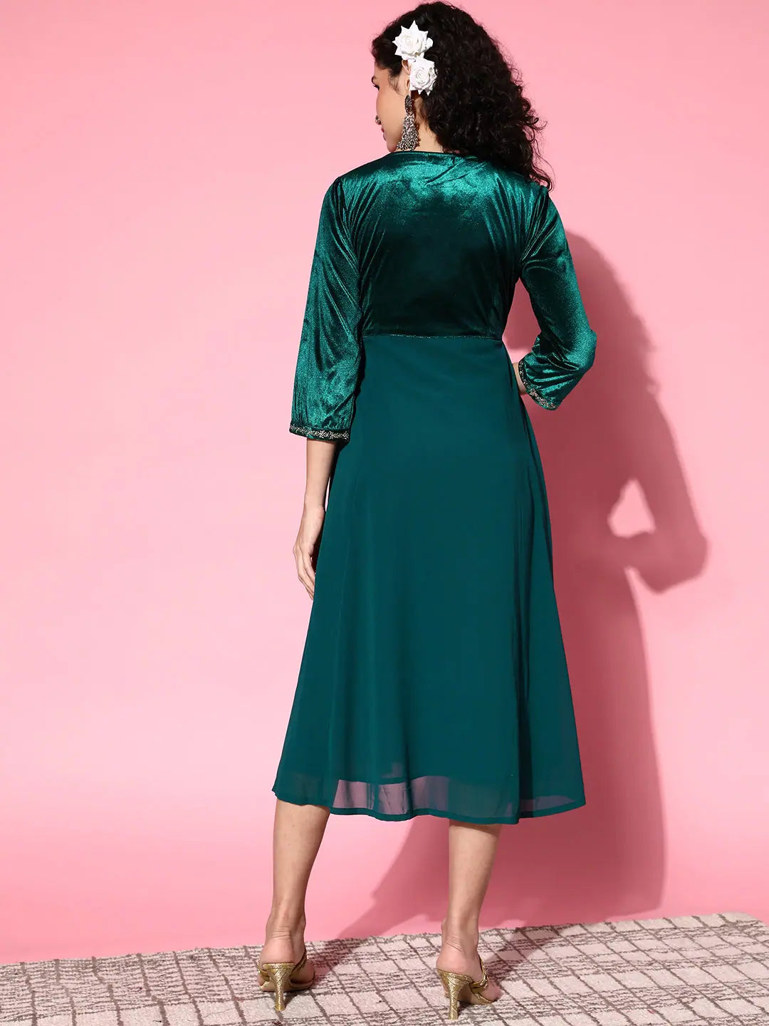 Emerald Velvet Indian Dress - Zari Embroidered Online