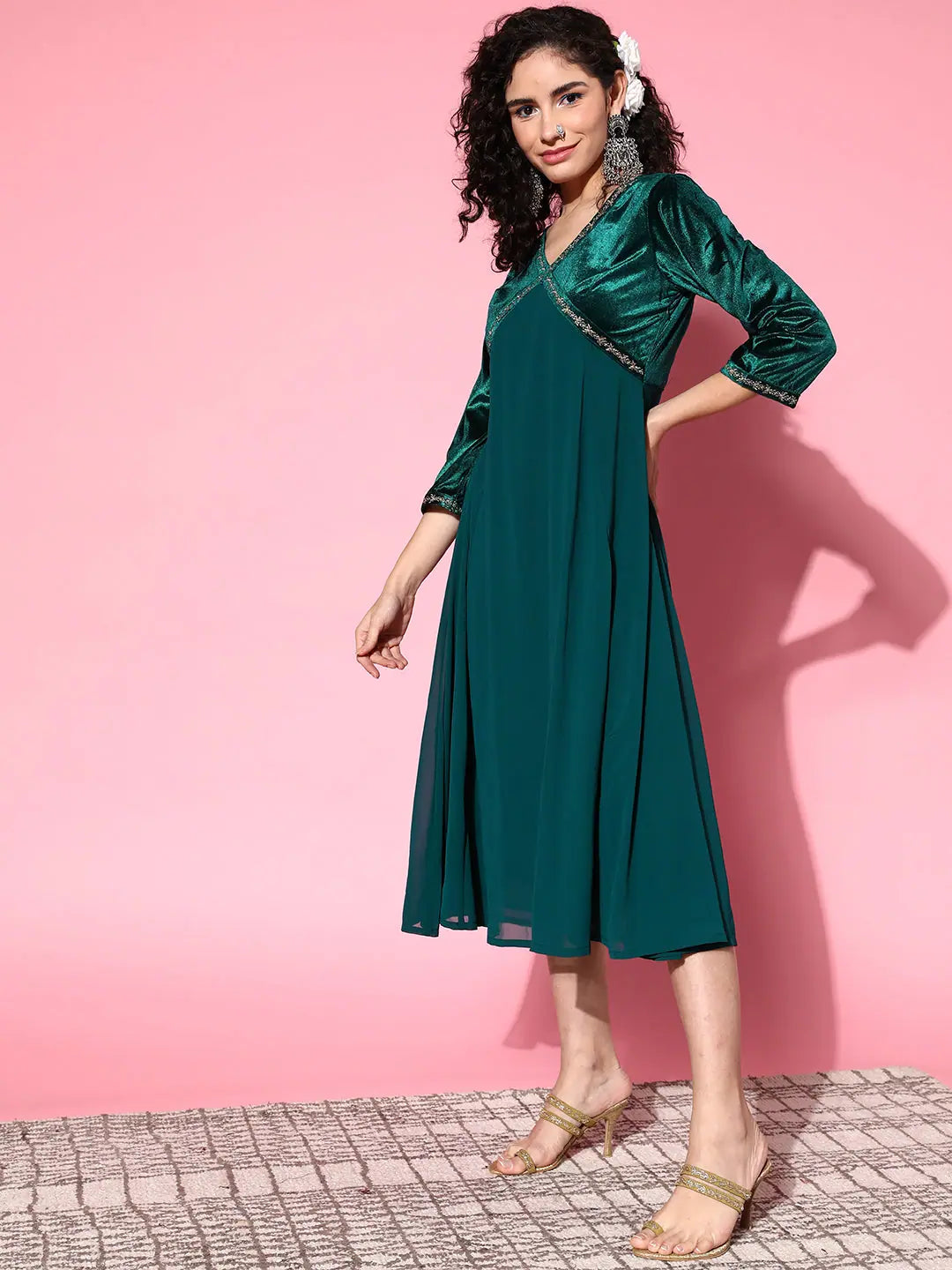 Emerald Velvet Indian Dress - Zari Embroidered Online
