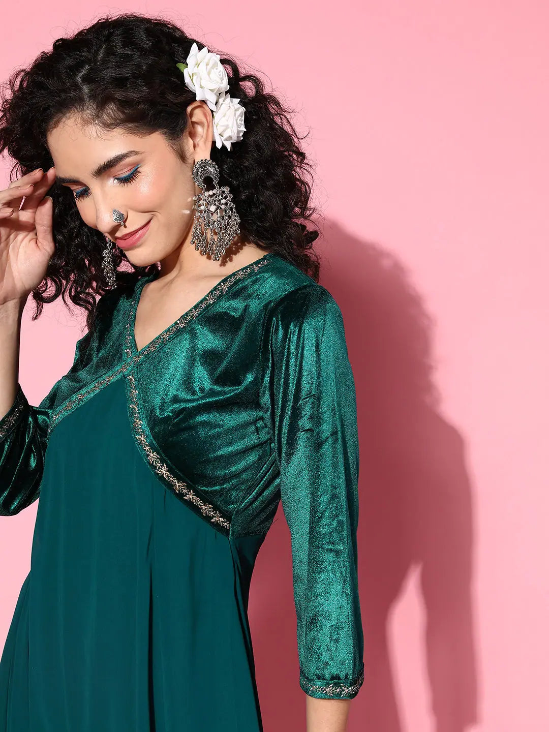 Emerald Velvet Indian Dress - Zari Embroidered Online