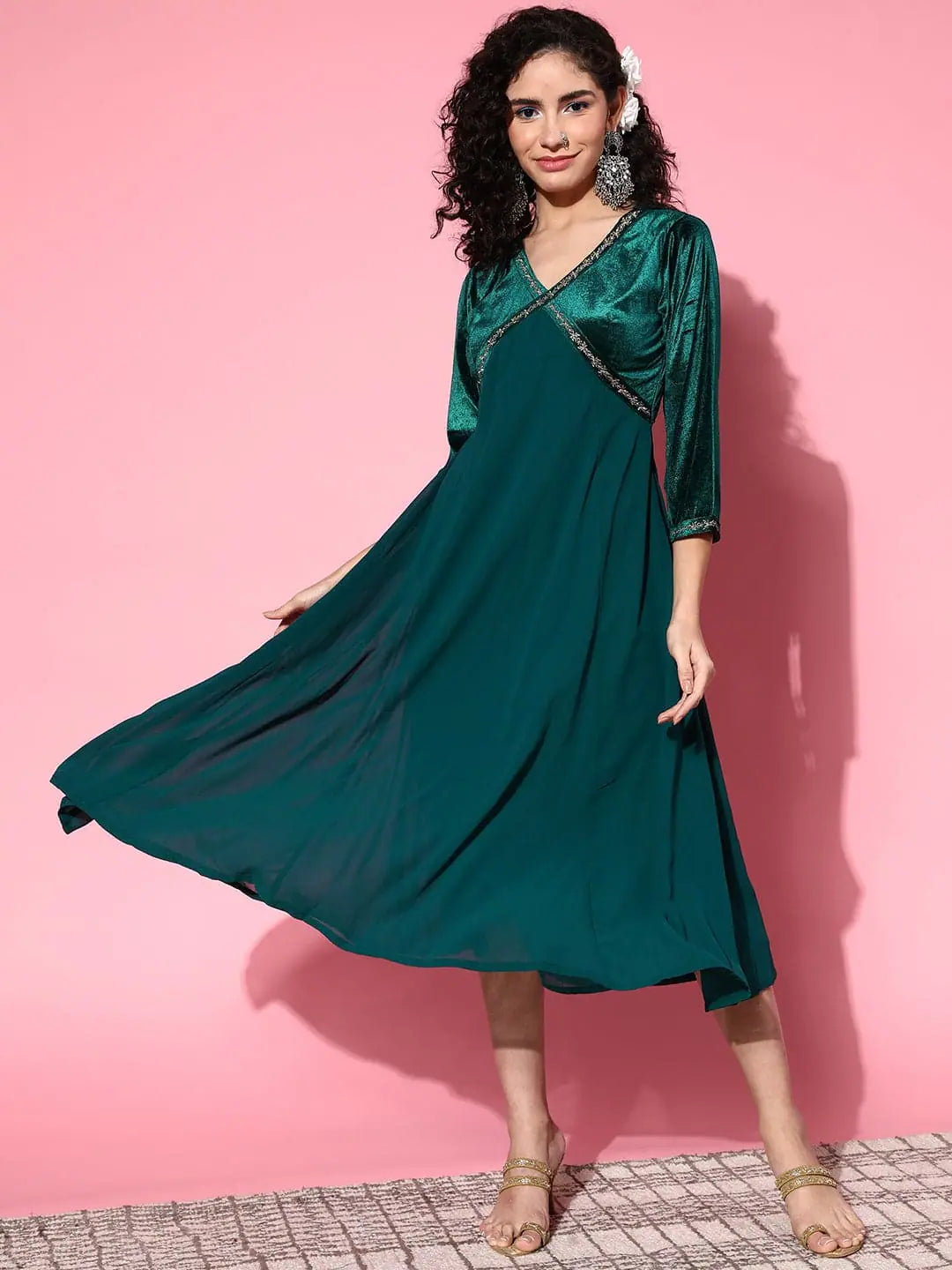 Emerald Velvet Indian Dress - Zari Embroidered Online