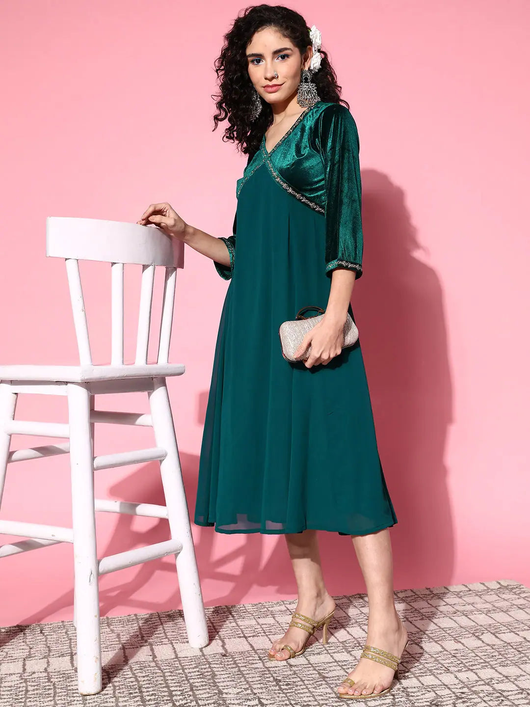 Emerald Velvet Indian Dress - Zari Embroidered Online