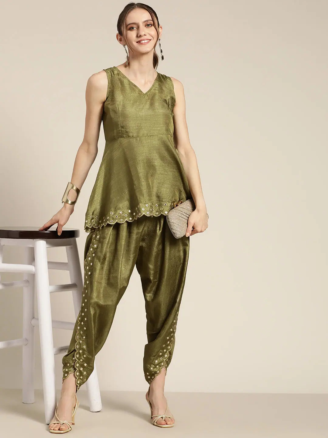 Olive Mirror Embroidered Peplum Top - Designer Lehenga Style