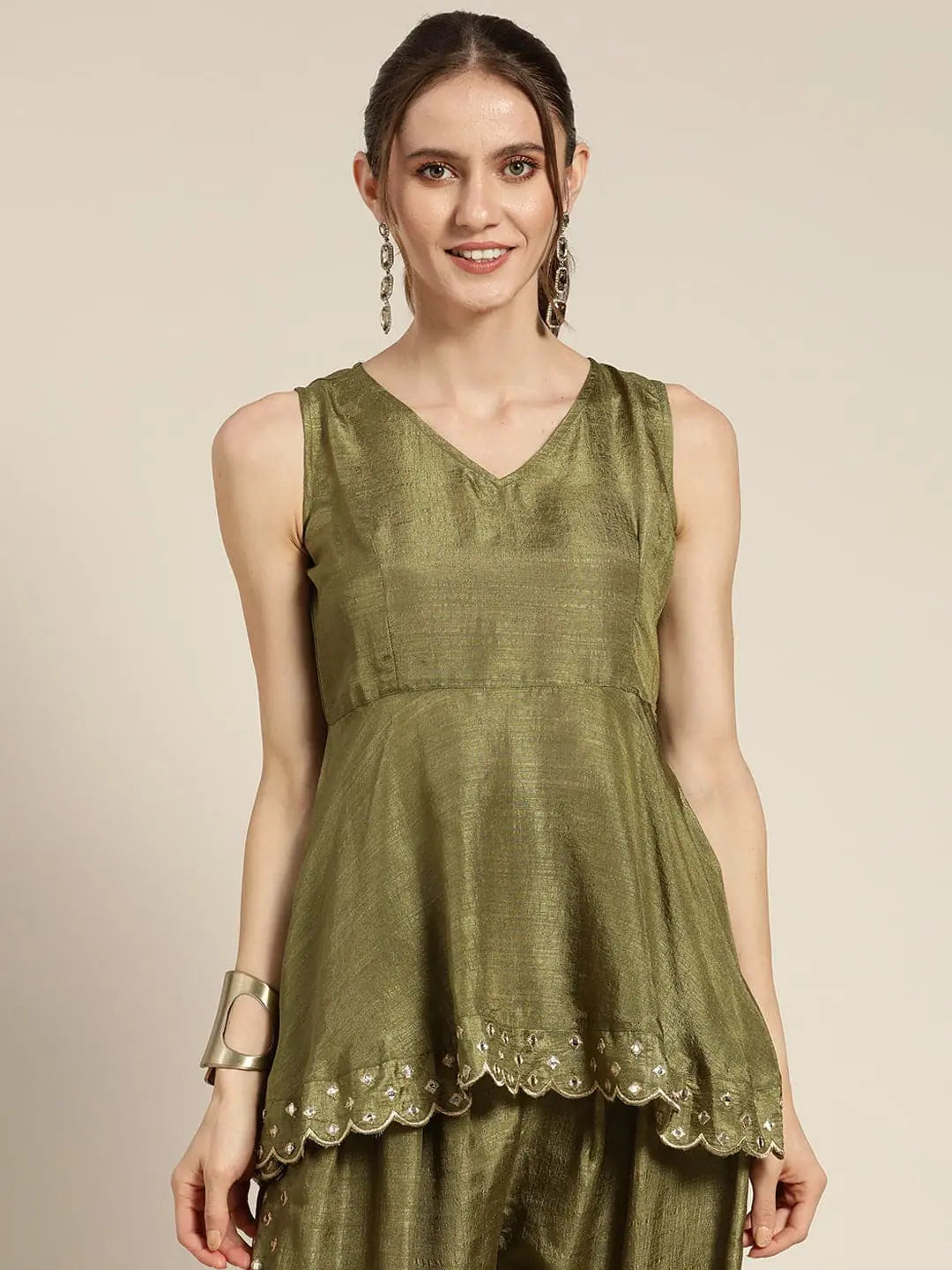 Olive Mirror Embroidered Peplum Top - Designer Lehenga Style