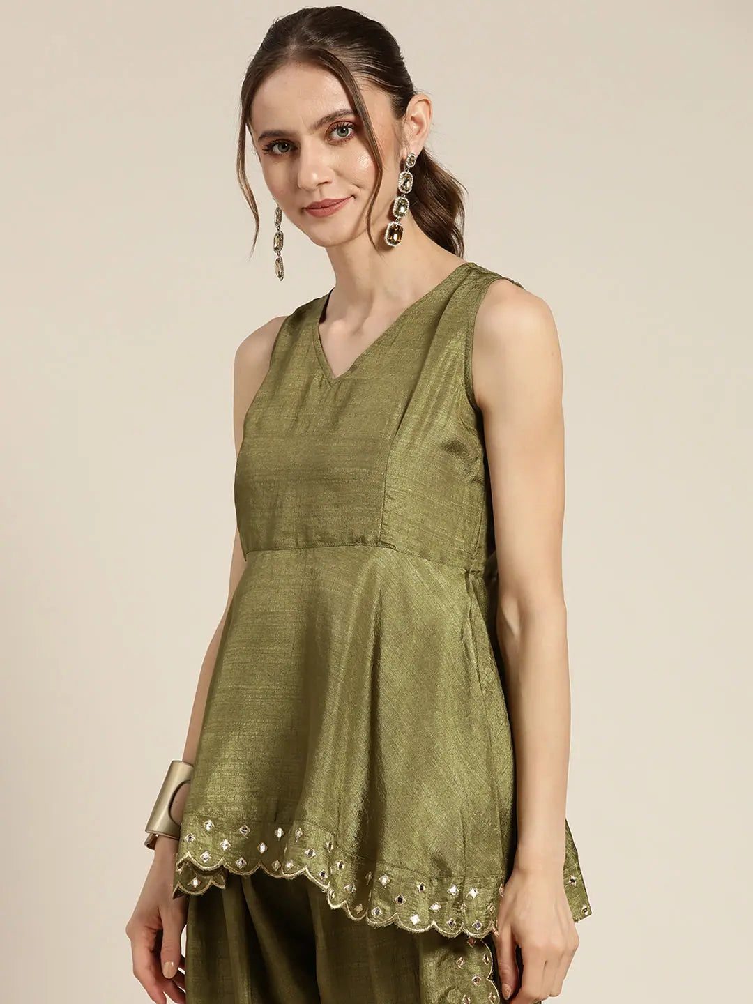 Olive Mirror Embroidered Peplum Top - Designer Lehenga Style