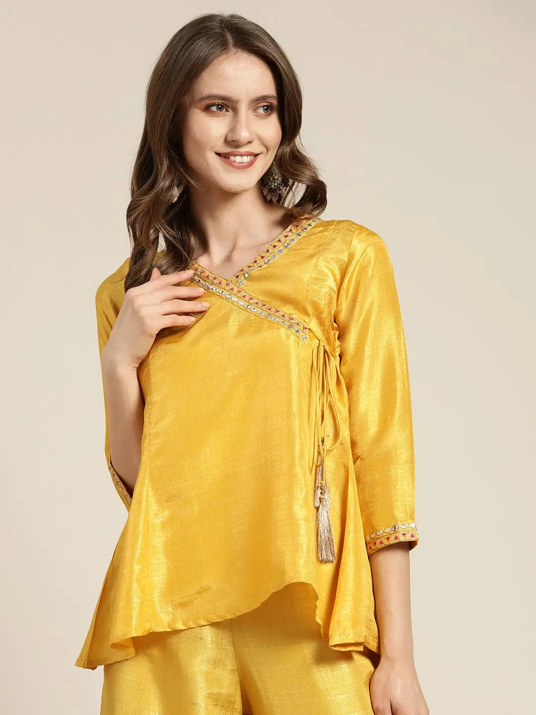 Mustard Mirror Embroidered Angrakha Top | Festive Lehenga Choice