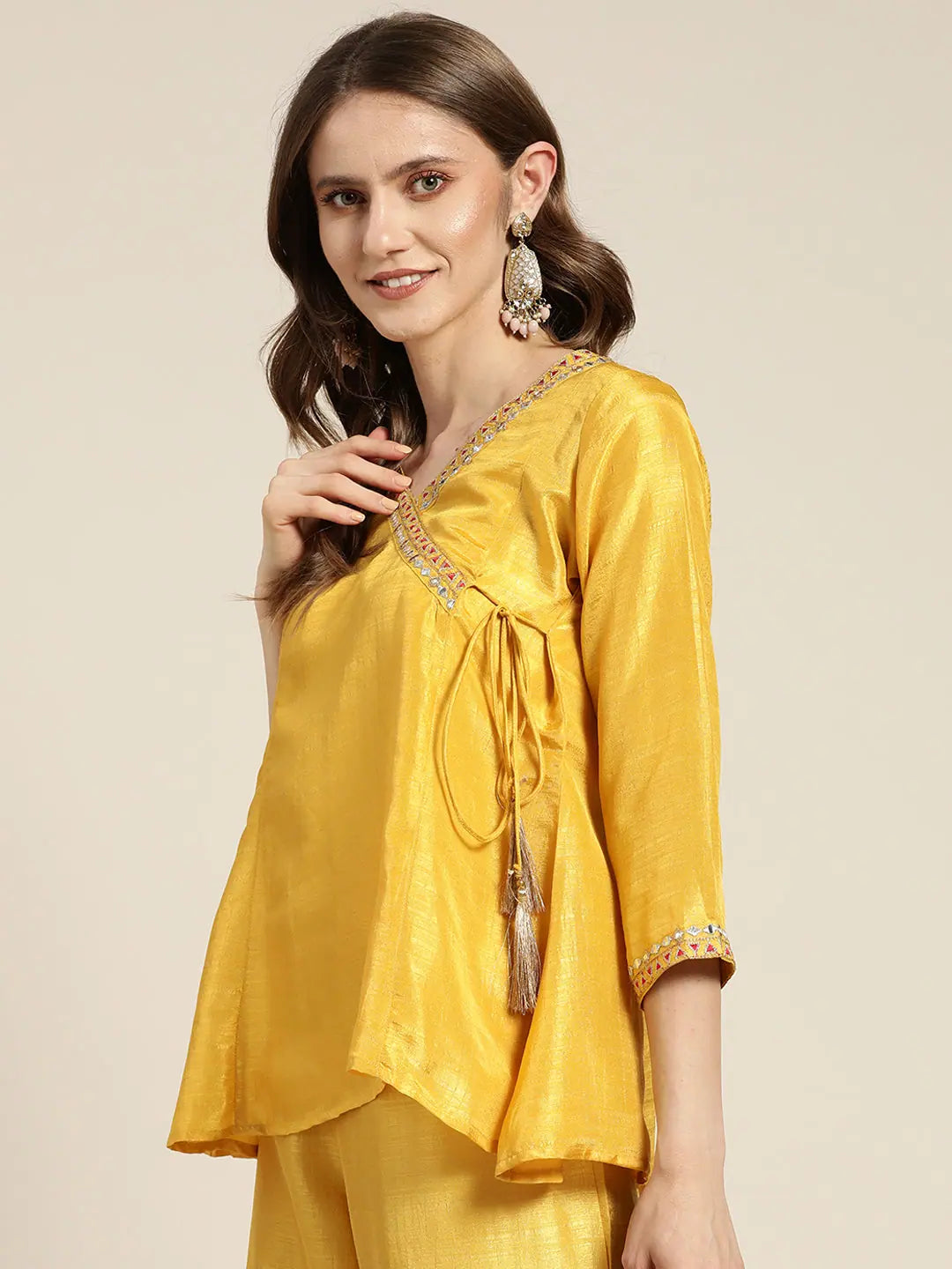 Mustard Mirror Embroidered Angrakha Top | Festive Lehenga Choice