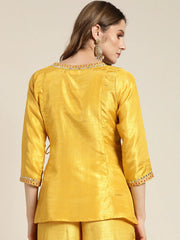 Women Mustard Mirror Embroidered Angrakha Top