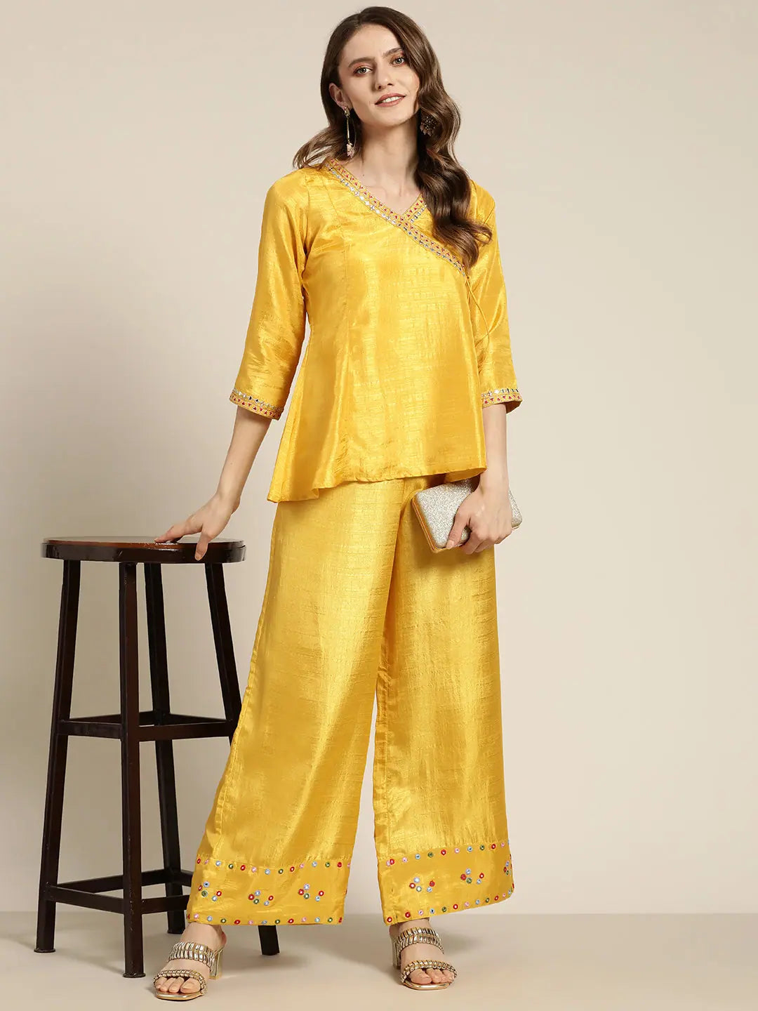 Mustard Mirror Embroidered Angrakha Top | Festive Lehenga Choice