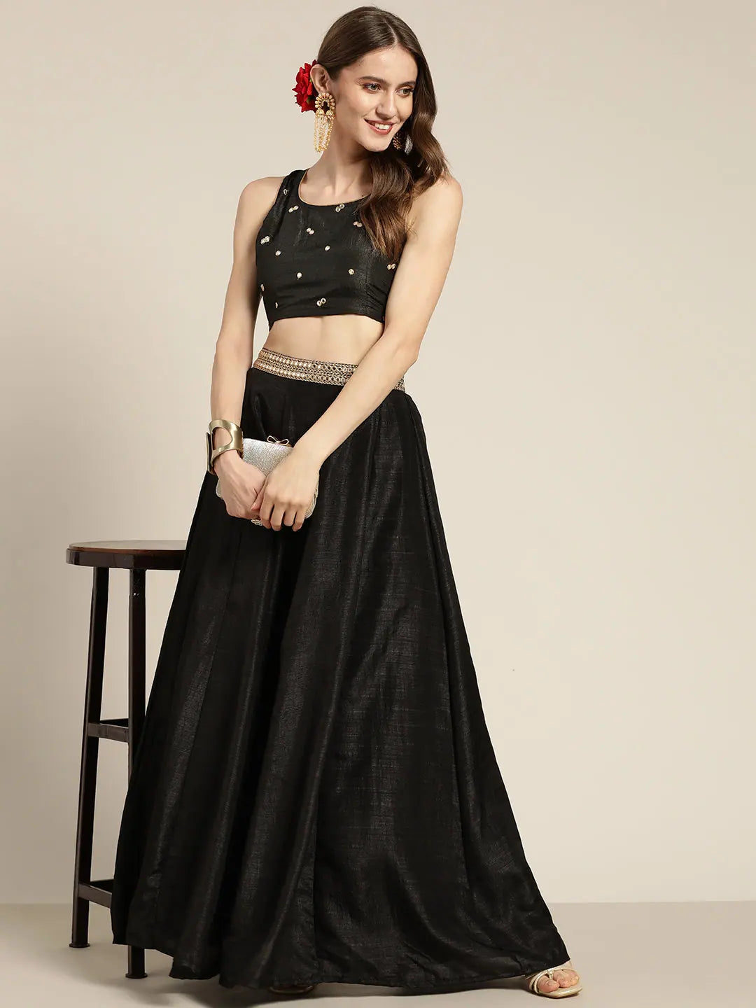 Black Mirror Embroidered Crop Top - Women's Lehenga Collection