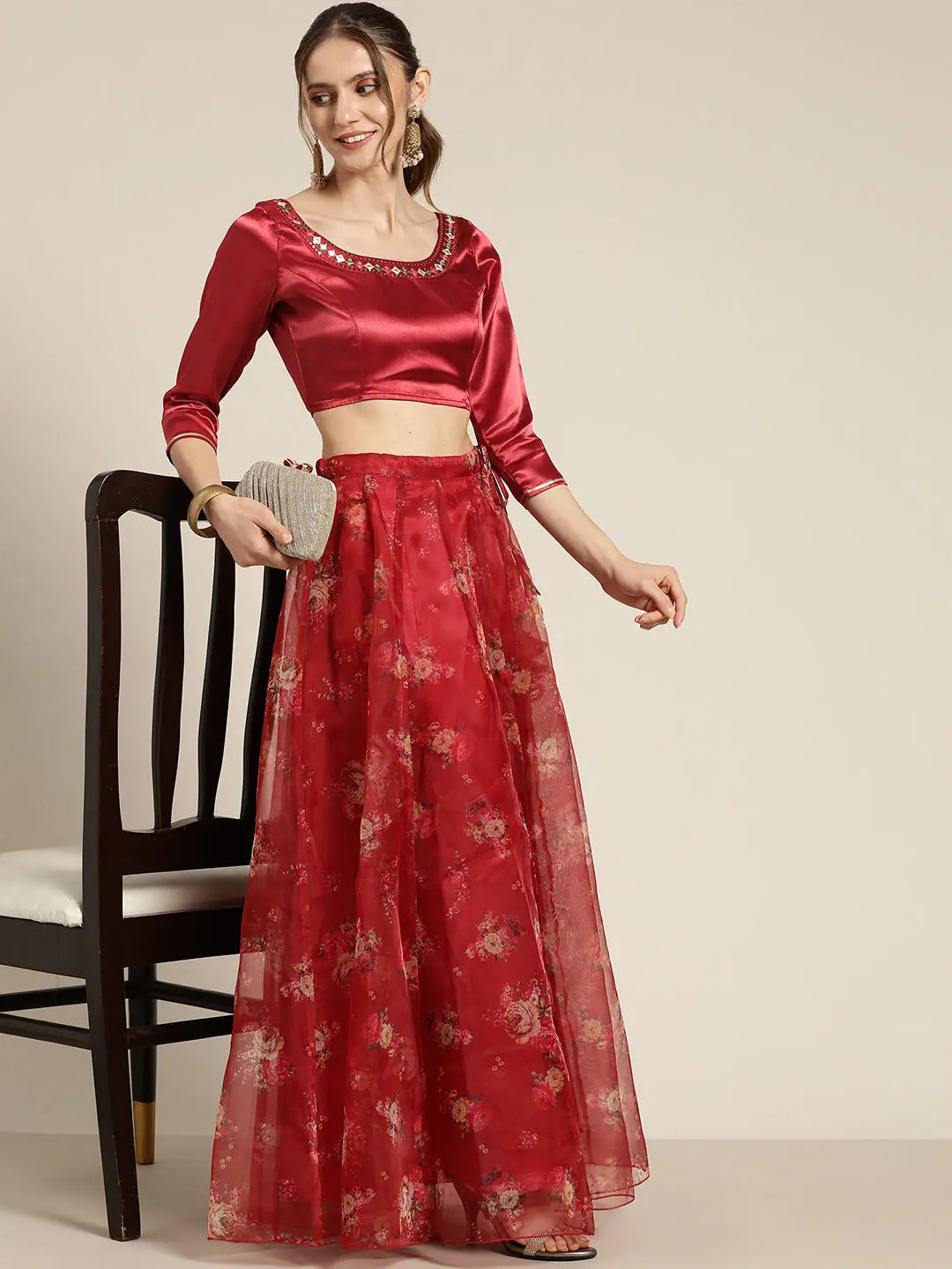 Maroon Zari Embroidered Top | Traditional Indian Lehenga