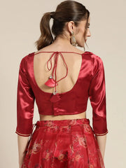 Women Maroon Satin Zari Embroidered Crop Top