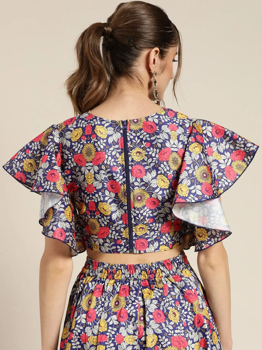 Purple Floral Frill Crop Top | Lehenga Choli for Women