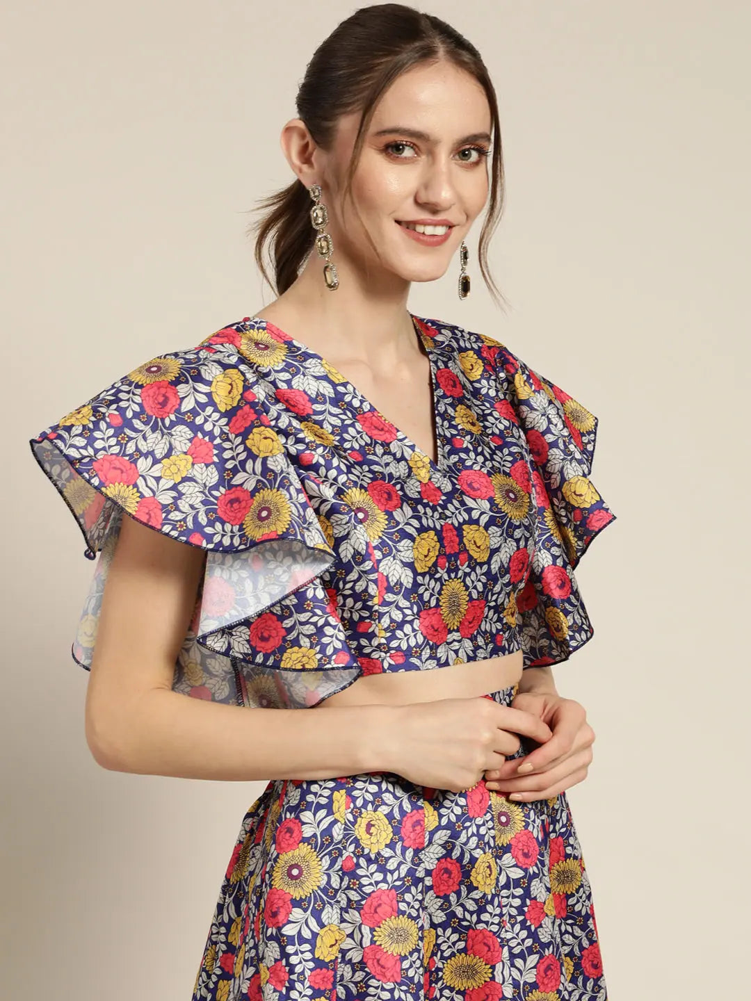 Purple Floral Frill Crop Top | Lehenga Choli for Women