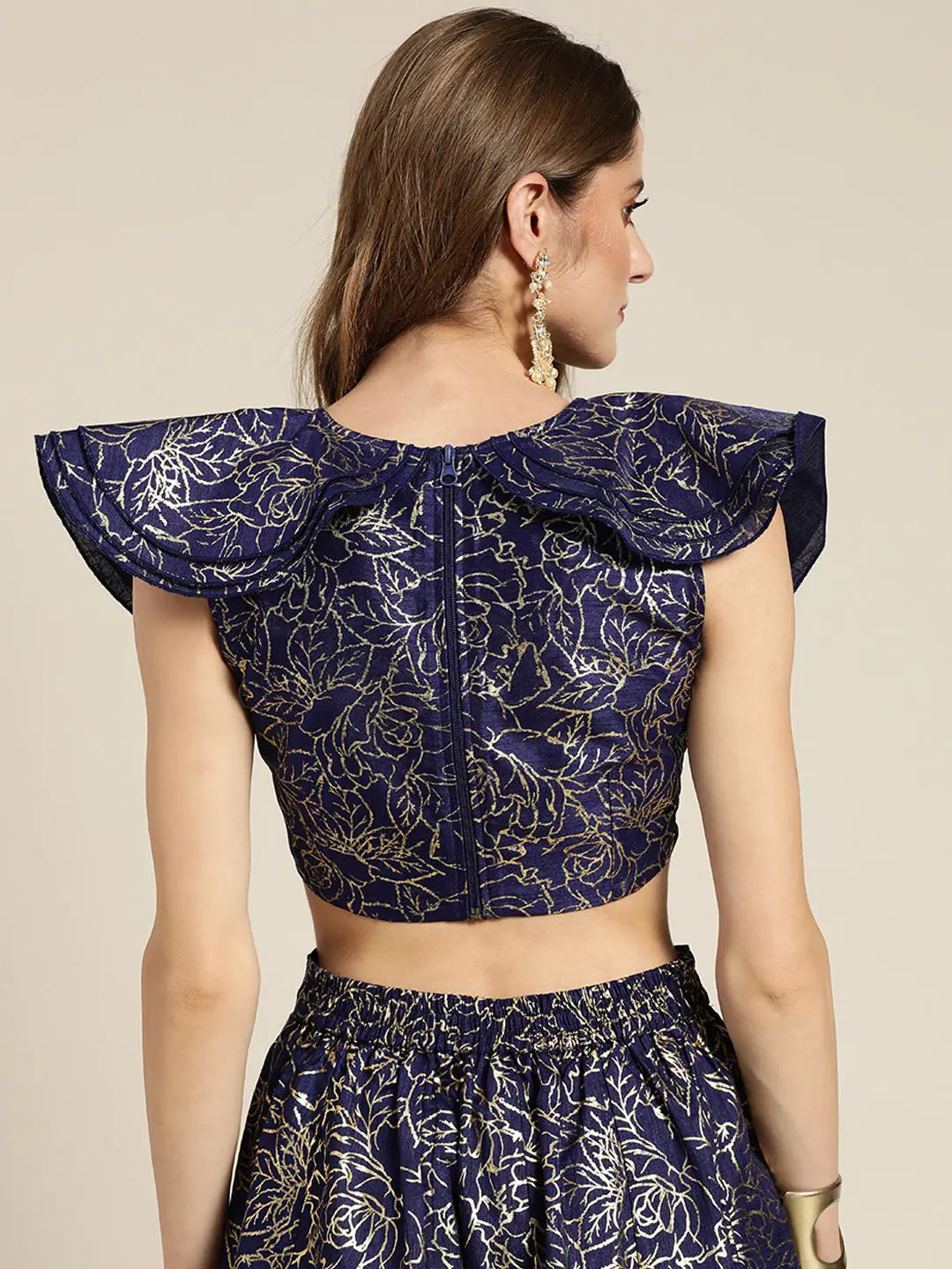 Navy Chanderi Foil Crop Top - Women's Western Wear Outfit