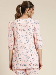 Women Powder Pink Floral Sustainable Puff Sleeve Top