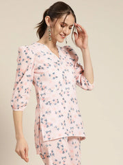 Women Powder Pink Floral Sustainable Puff Sleeve Top