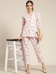 Women Powder Pink Floral Sustainable Puff Sleeve Top