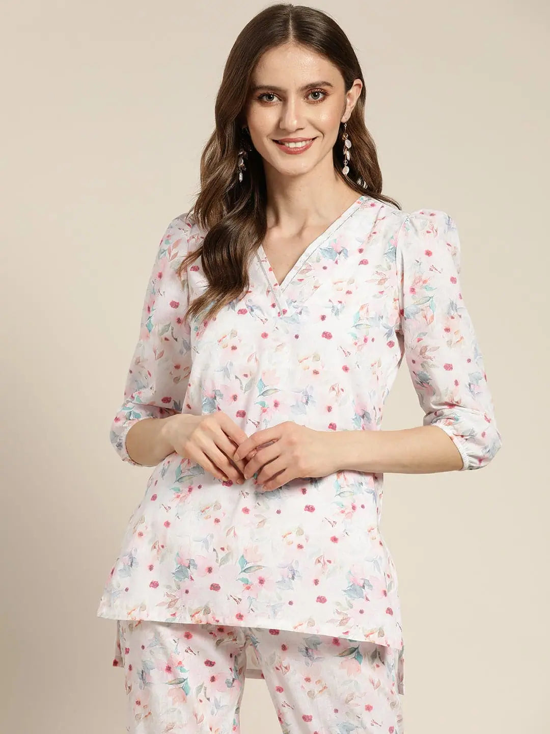 White Floral Puff Sleeve Top - Women's Western Clothing