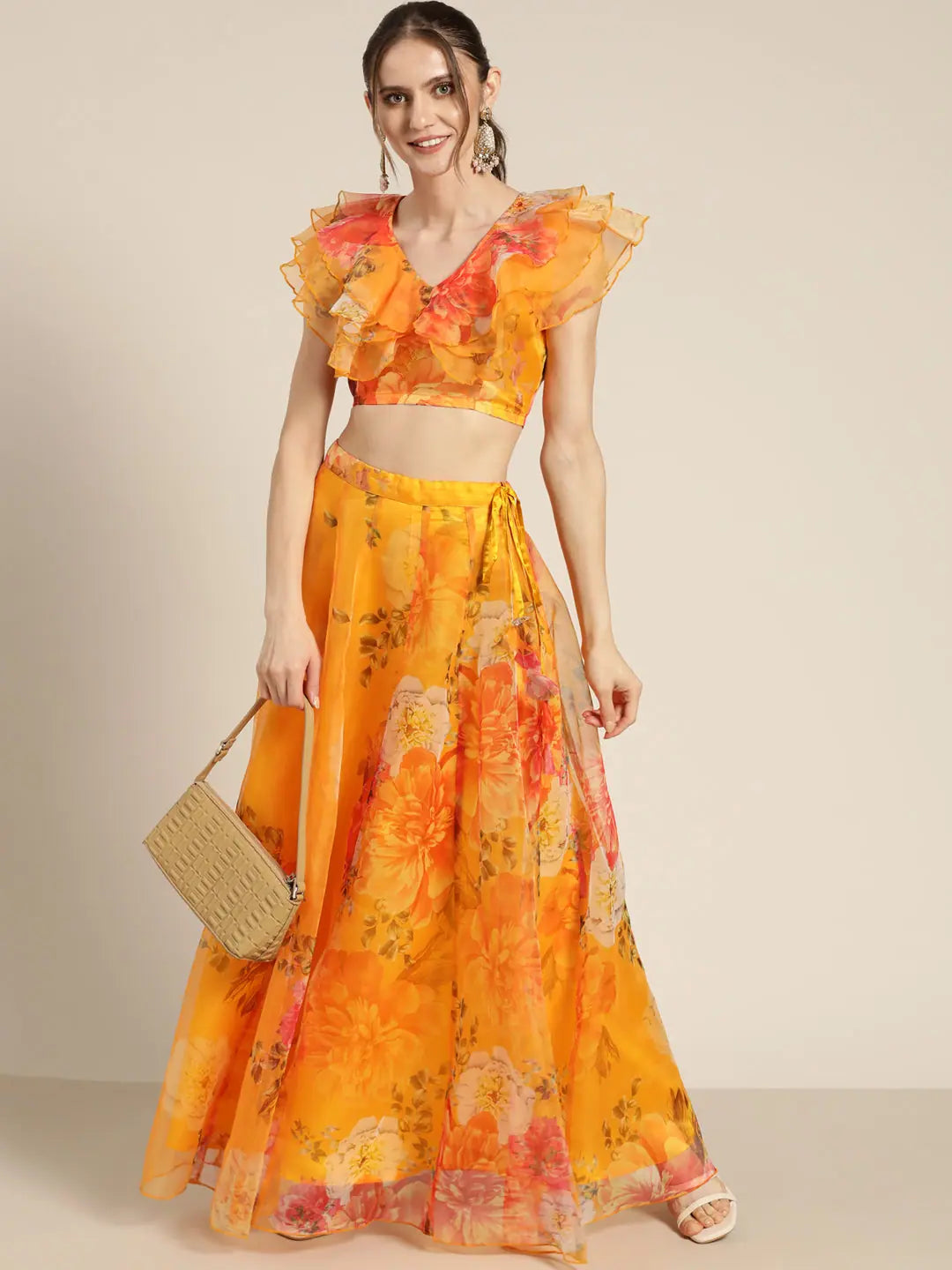 Yellow Floral Lehenga Choli Crop Top | Designer Lehenga for Women