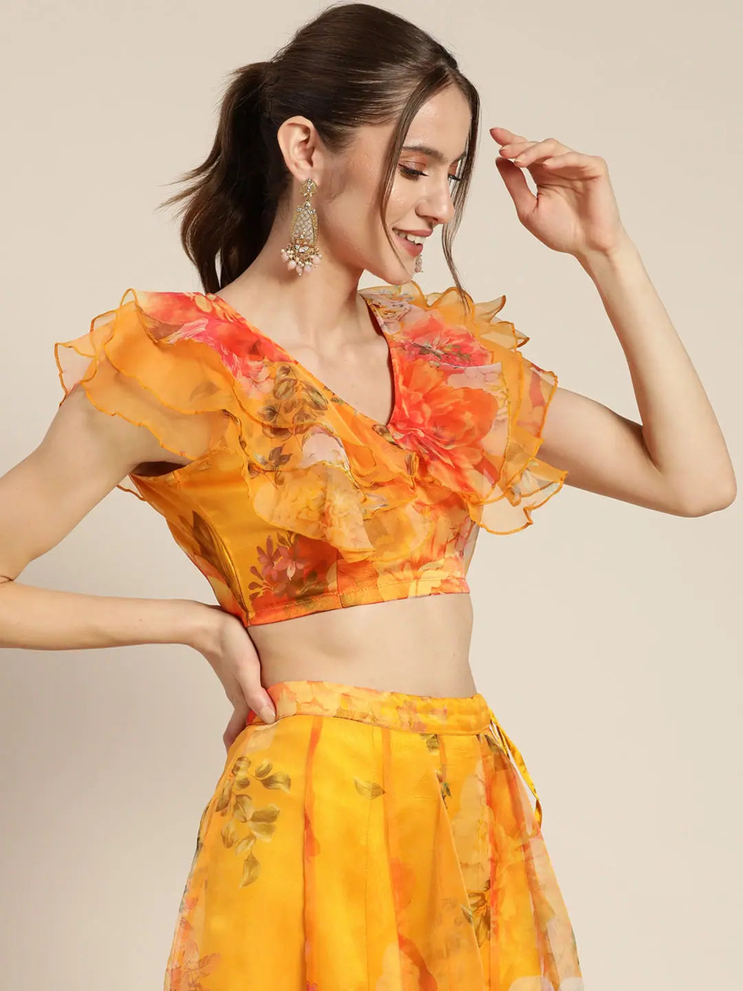 Yellow Floral Lehenga Choli Crop Top | Designer Lehenga for Women