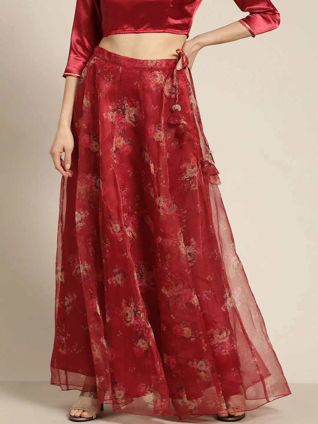 Maroon Floral Organza Anarkali Skirt | Ethnic Maxi Skirts