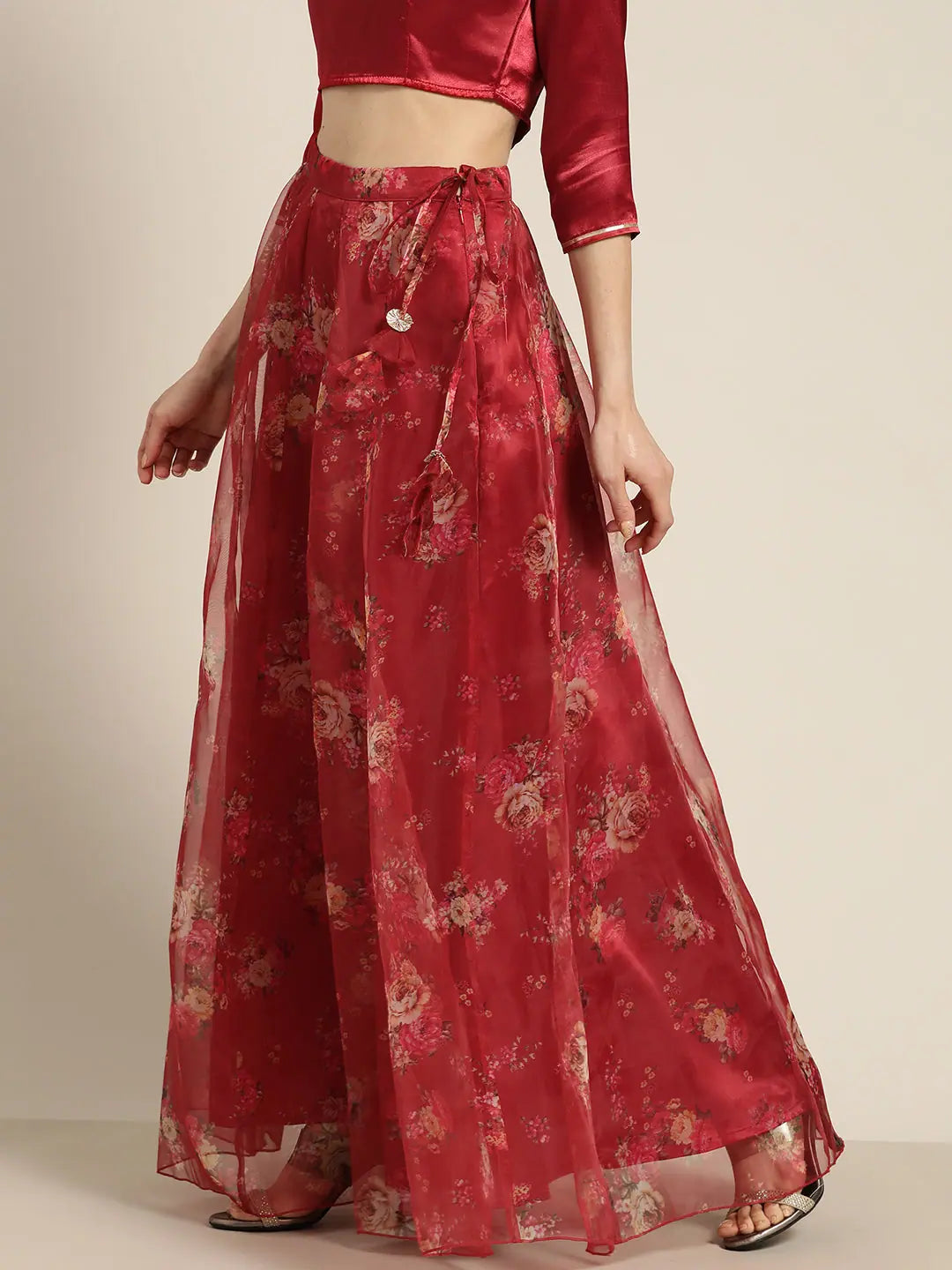 Maroon Floral Organza Anarkali Skirt | Ethnic Maxi Skirts